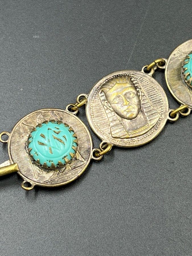 Antique Antique Art Deco Egyptian Revival Bracelet Set With Czech Turquoise Stones