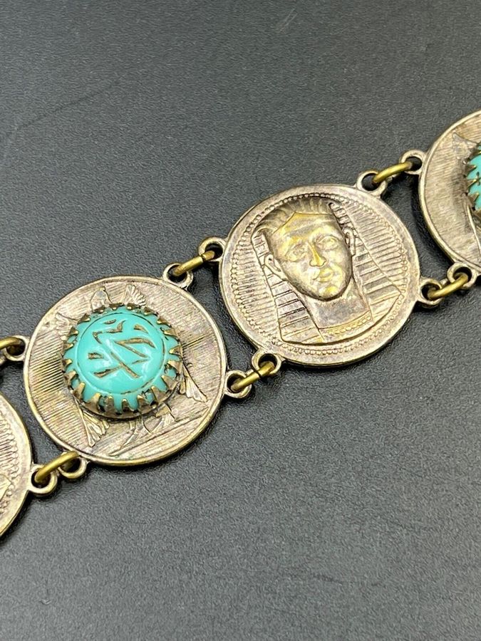 Antique Antique Art Deco Egyptian Revival Bracelet Set With Czech Turquoise Stones