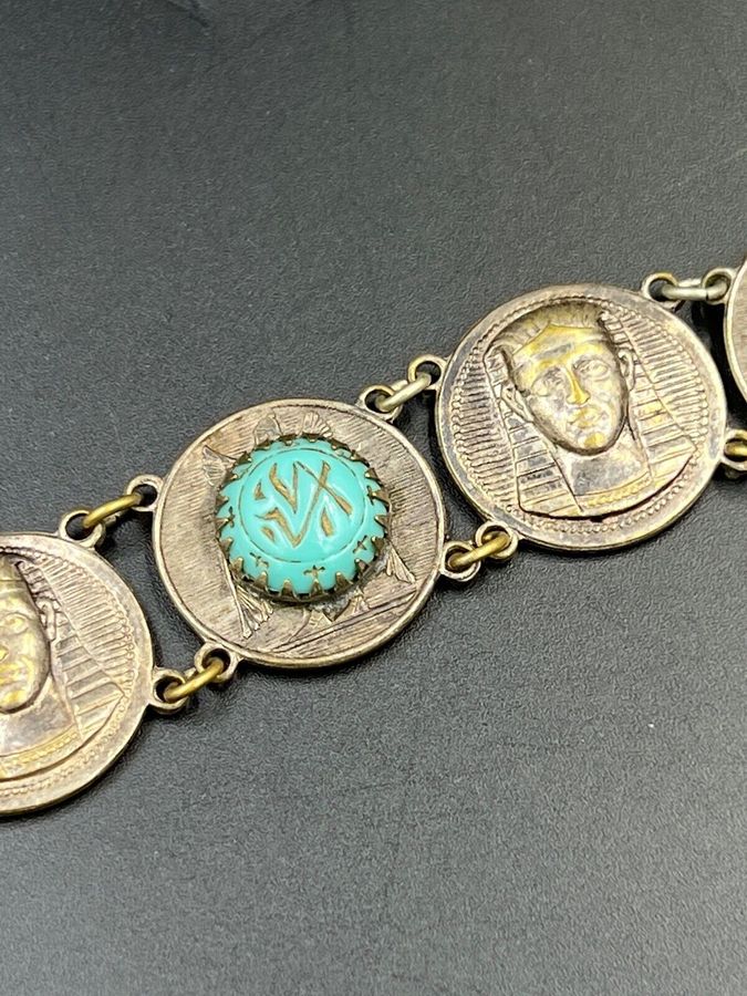 Antique Antique Art Deco Egyptian Revival Bracelet Set With Czech Turquoise Stones