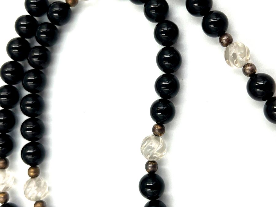 Antique Vintage Hand Carved Crystal  & Onyx  Bead Necklace Superb Quality