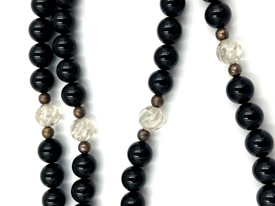 Antique Vintage Hand Carved Crystal  & Onyx  Bead Necklace Superb Quality