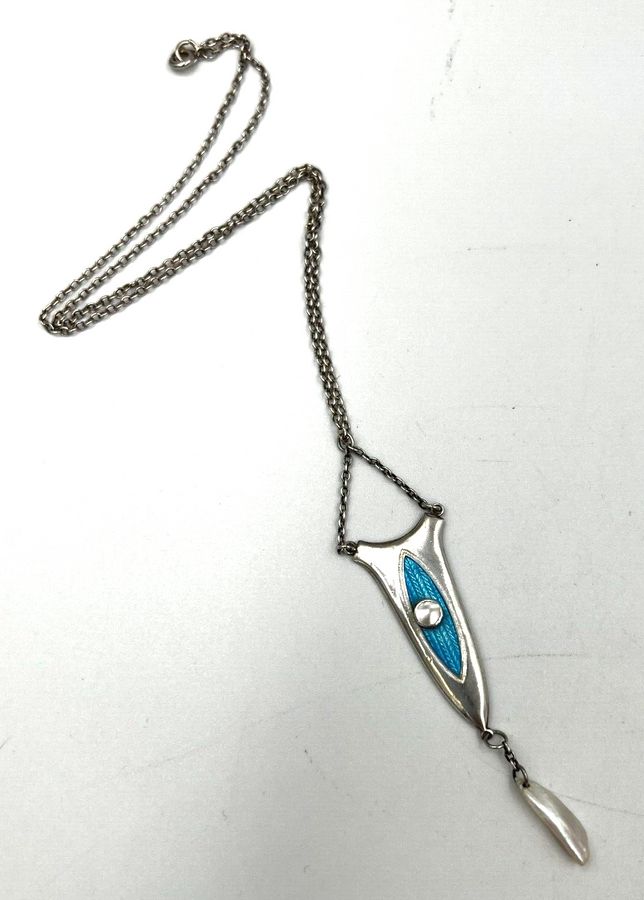 Antique Antique Charles Horner Silver, Blue Enamel & Pearl Tapering Pendant 1922 Chester