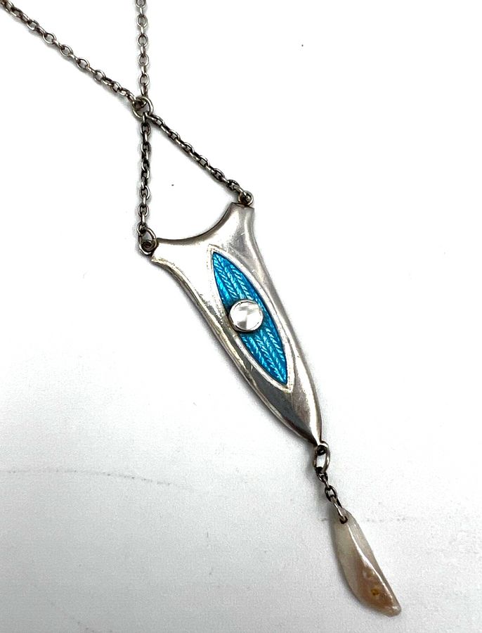 Antique Antique Charles Horner Silver, Blue Enamel & Pearl Tapering Pendant 1922 Chester