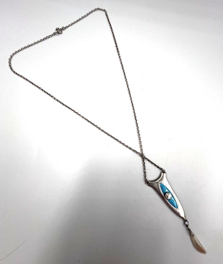 Antique Antique Charles Horner Silver, Blue Enamel & Pearl Tapering Pendant 1922 Chester