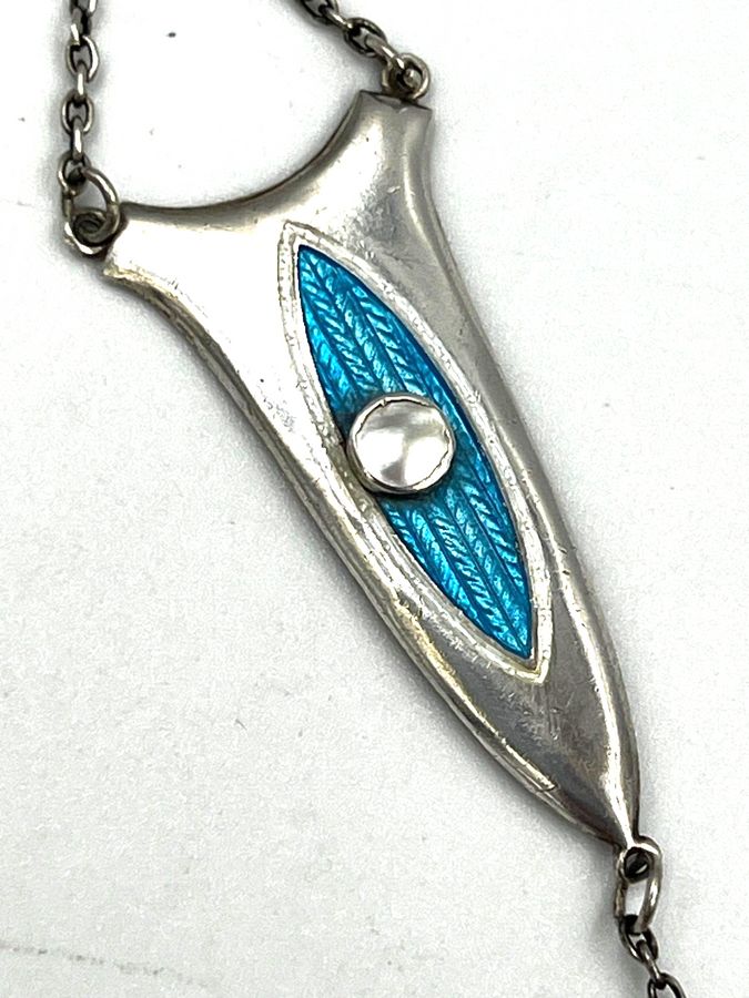 Antique Antique Charles Horner Silver, Blue Enamel & Pearl Tapering Pendant 1922 Chester