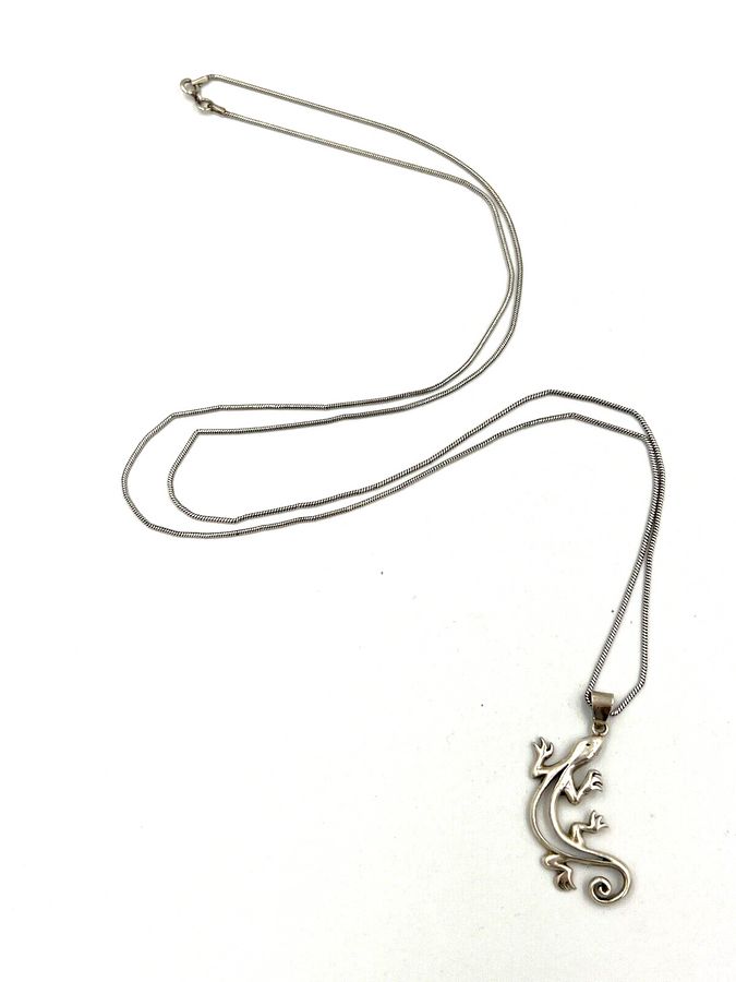 Antique Vintage Solid Silver Lizard Pendant on Long Solid Silver Chain Hallmarked