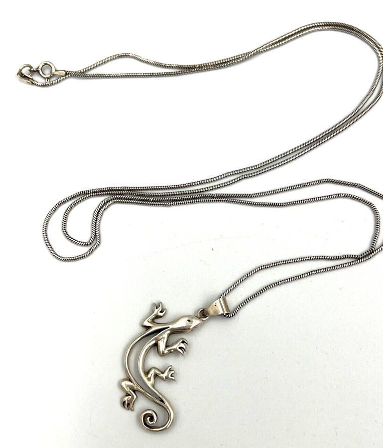 Antique Vintage Solid Silver Lizard Pendant on Long Solid Silver Chain Hallmarked