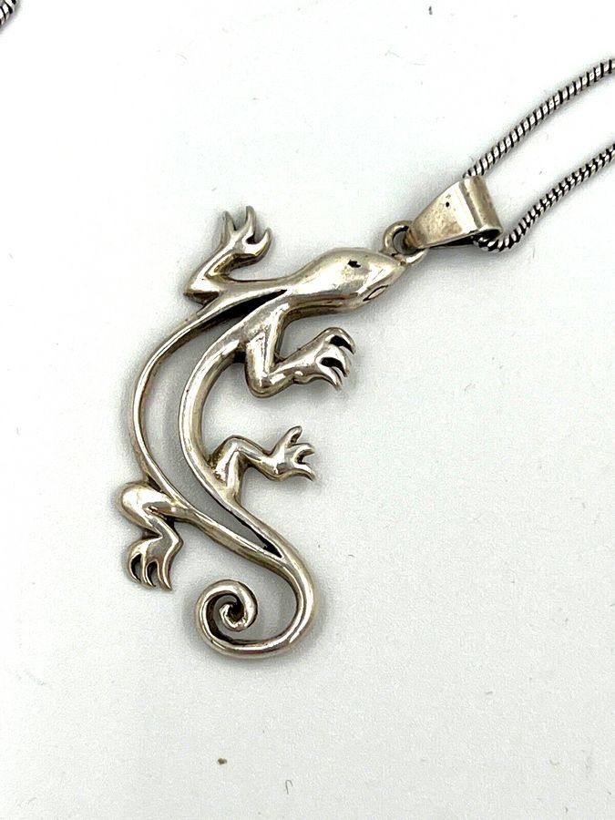 Antique Vintage Solid Silver Lizard Pendant on Long Solid Silver Chain Hallmarked