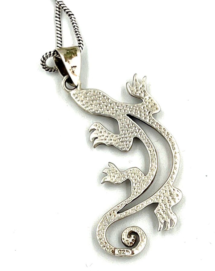 Antique Vintage Solid Silver Lizard Pendant on Long Solid Silver Chain Hallmarked