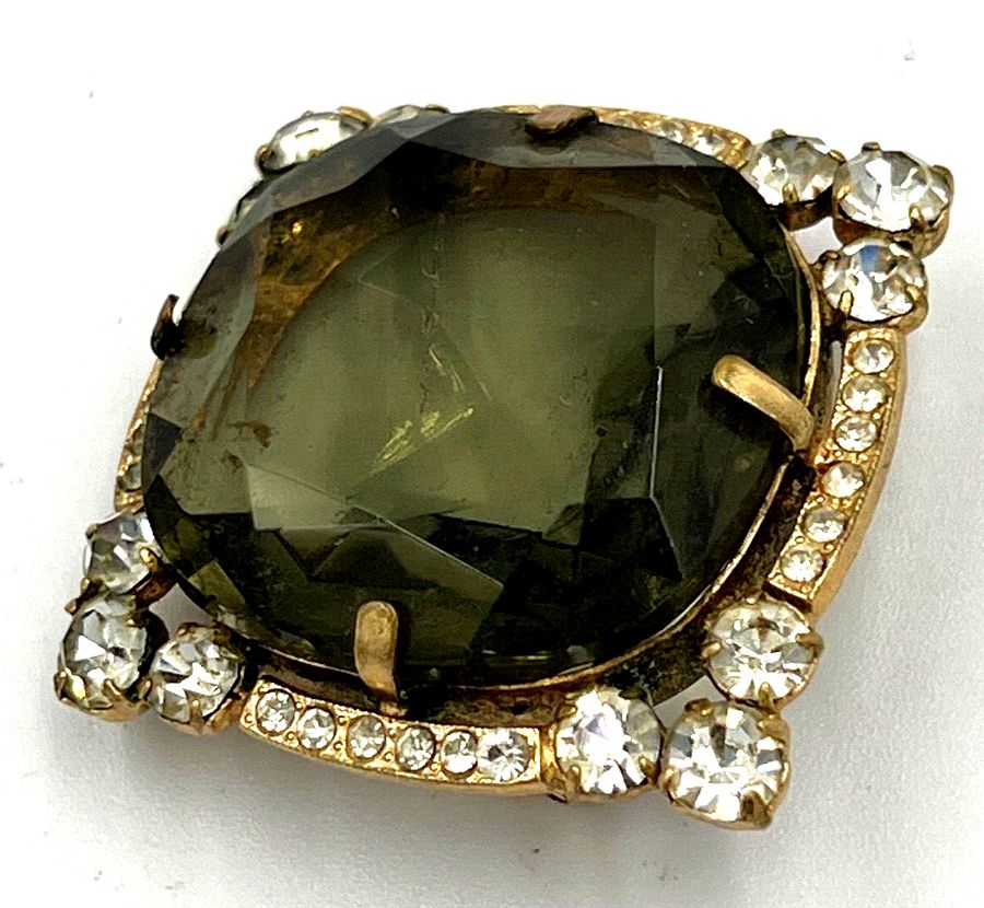 Antique Vintage Brooch set with Czech Smokey Quartz and Clear stones Large