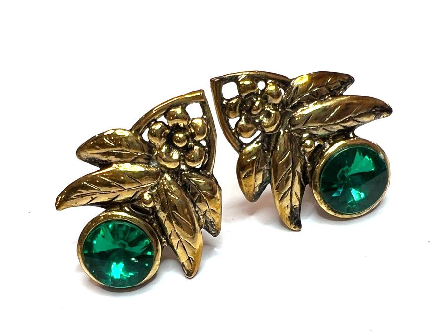 Antique Vintage Clip on Earrings Set with Emerald Green Stones