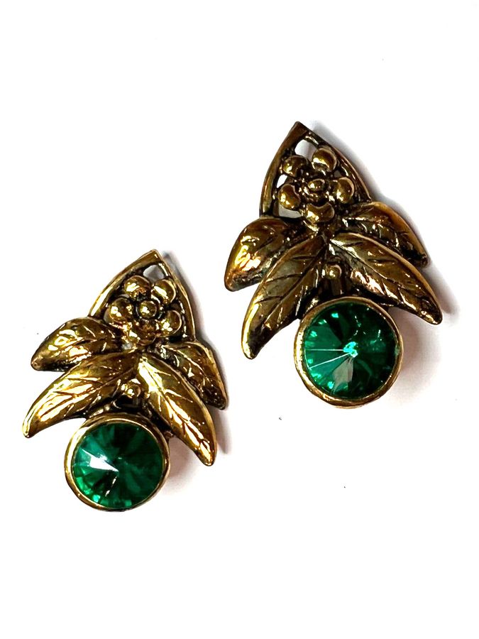 Antique Vintage Clip on Earrings Set with Emerald Green Stones