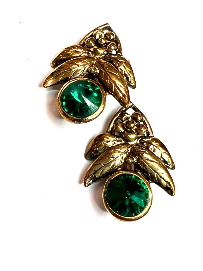 Antique Vintage Clip on Earrings Set with Emerald Green Stones