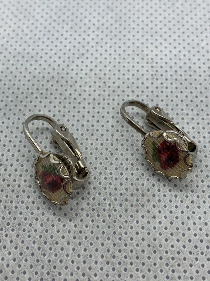 Antique Vintage Art Deco Needlepoint Tapestry Clip On Earrings