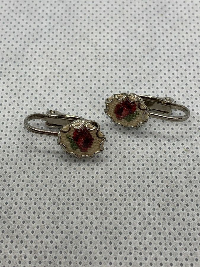 Antique Vintage Art Deco Needlepoint Tapestry Clip On Earrings