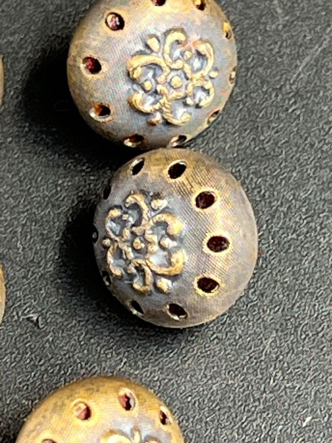 Antique Antique French ? Brass Buttons Enamel Back Inner Red Enamel x 5 Set