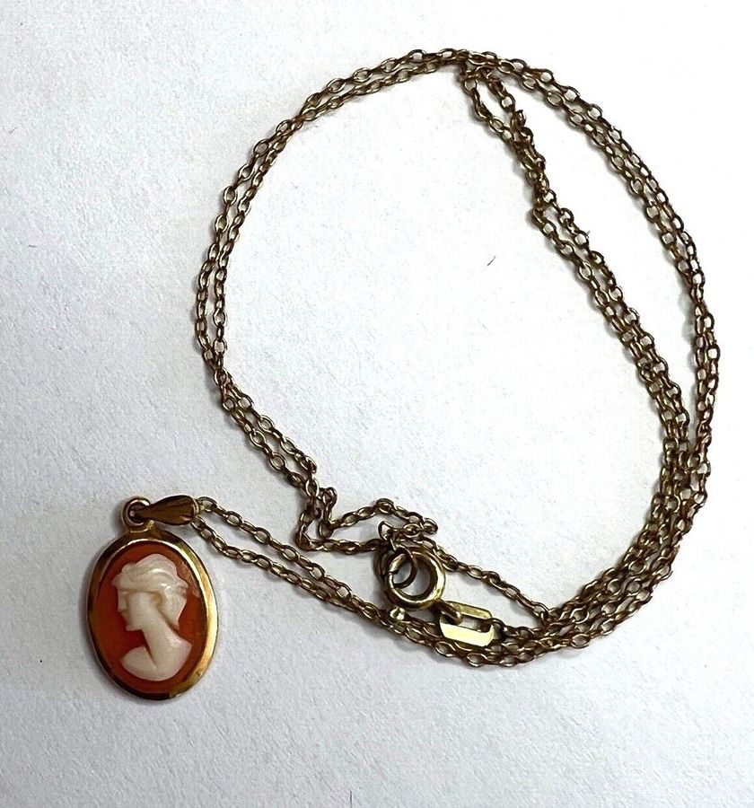 Antique Vintage Italian Tiny Shell Cameo Set Into Rolled Gold with Rolled Gold Chain