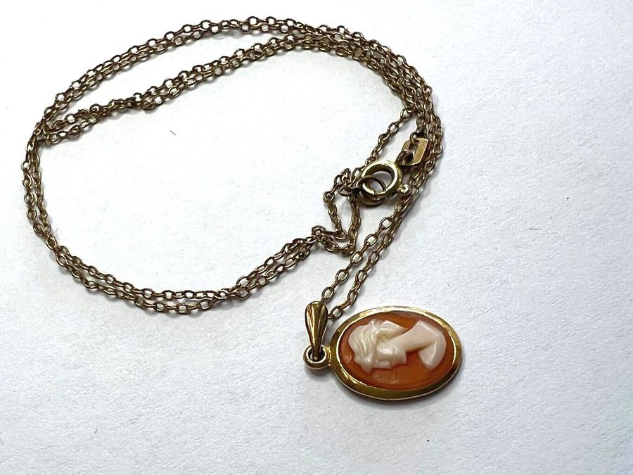 Antique Vintage Italian Tiny Shell Cameo Set Into Rolled Gold with Rolled Gold Chain