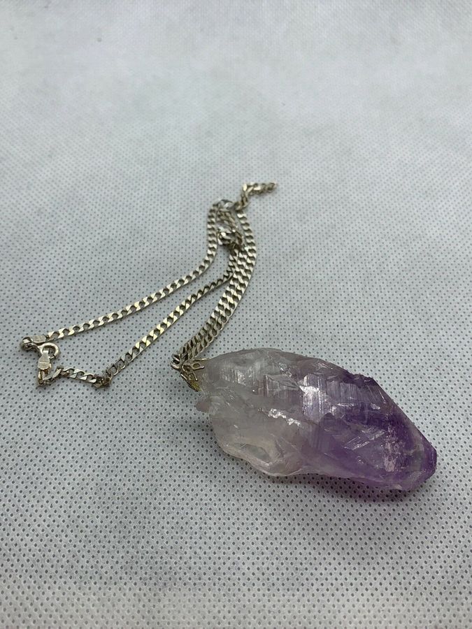 Antique Vintage Solid Silver Large Amethyst Crystal On a Silver Chunky Chain Italian