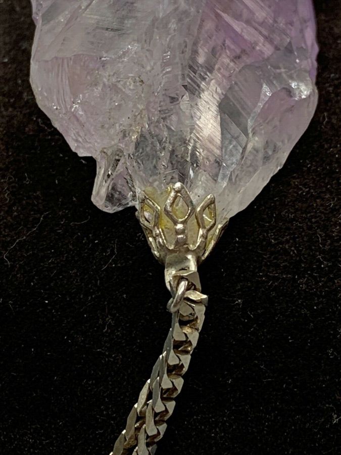 Antique Vintage Solid Silver Large Amethyst Crystal On a Silver Chunky Chain Italian