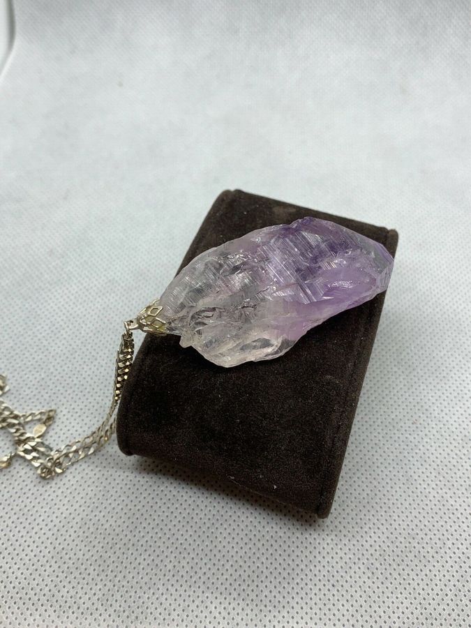 Antique Vintage Solid Silver Large Amethyst Crystal On a Silver Chunky Chain Italian