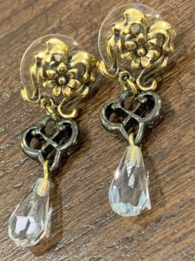 Antique Vintage Art Deco Crystal Long Dangly Drop Earrings Pierced Ears