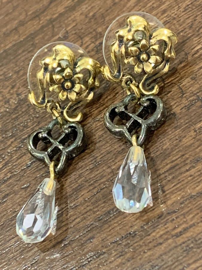 Antique Vintage Art Deco Crystal Long Dangly Drop Earrings Pierced Ears