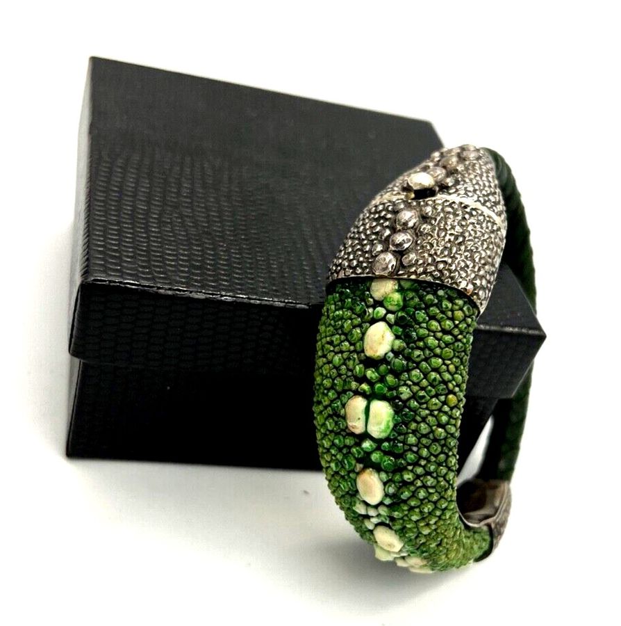 Antique LOU GUERIN Bangle Solid Silver Shagreen Bracelet