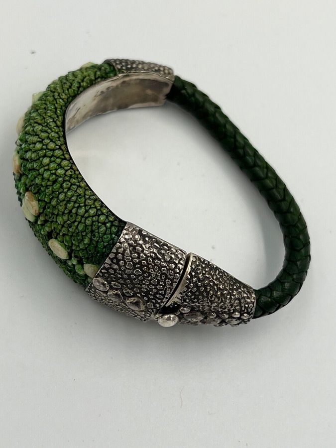 Antique LOU GUERIN Bangle Solid Silver Shagreen Bracelet