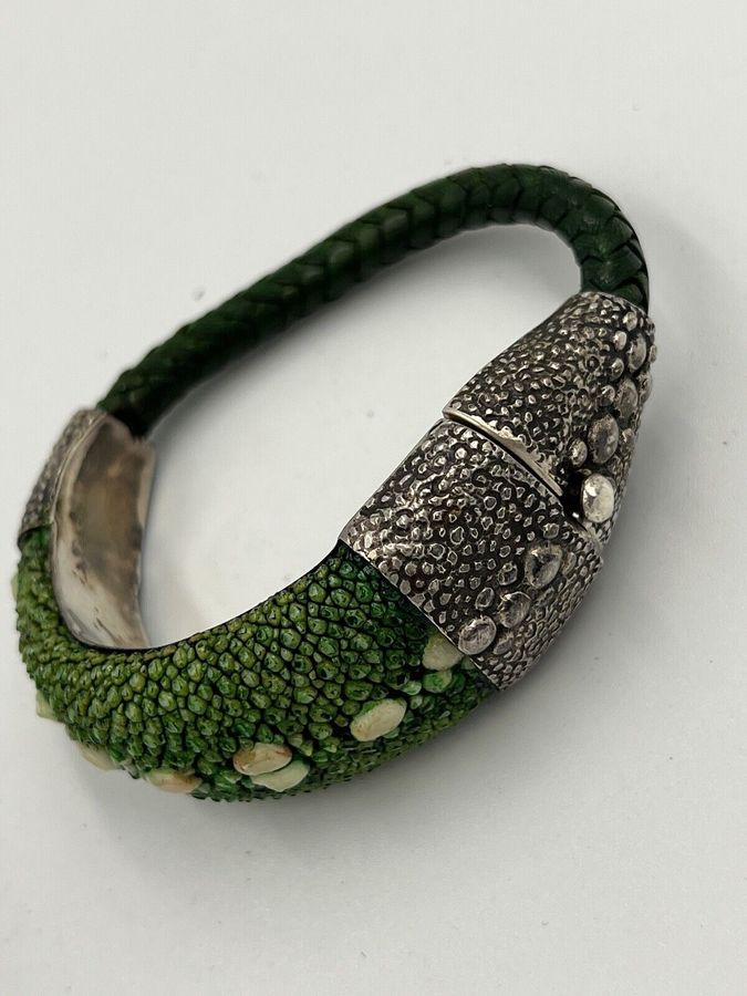 Antique LOU GUERIN Bangle Solid Silver Shagreen Bracelet