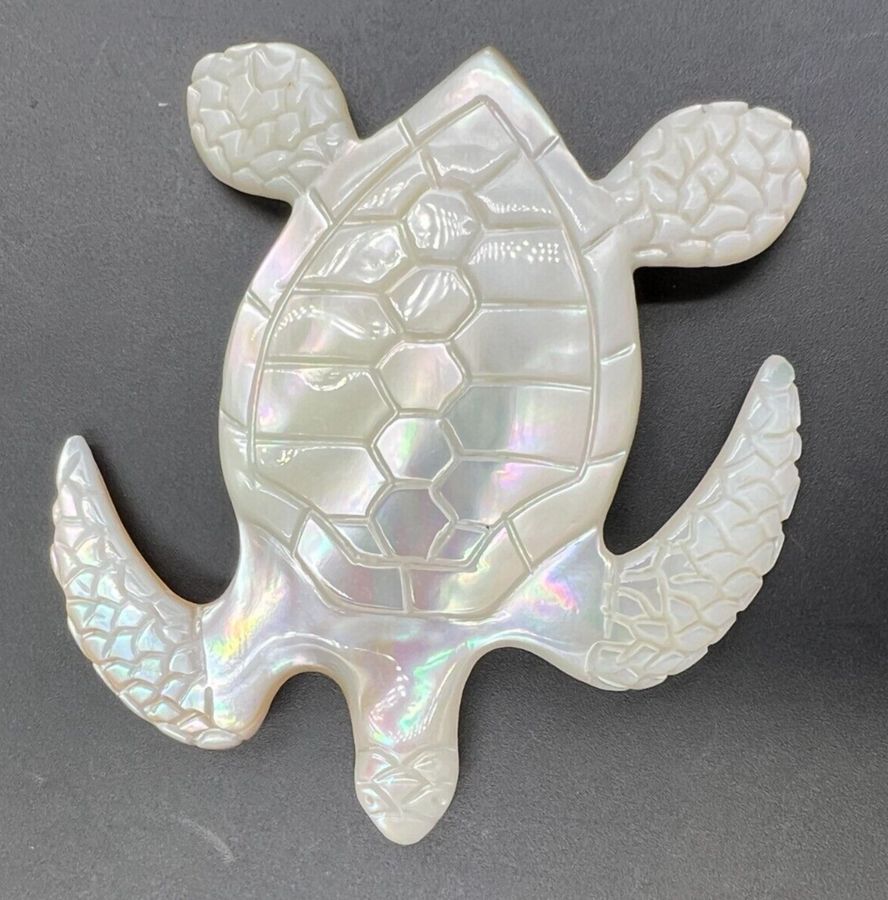 Antique Vintage Large Carved Mother of Pearl Brooch Turtle Shaped Brooch Pin