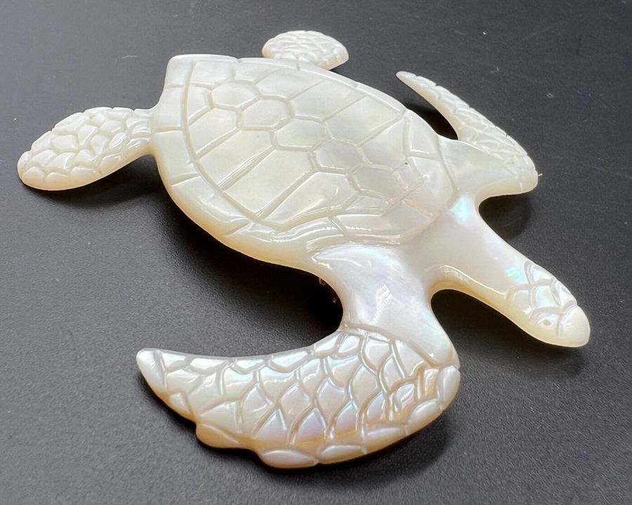 Antique Vintage Large Carved Mother of Pearl Brooch Turtle Shaped Brooch Pin