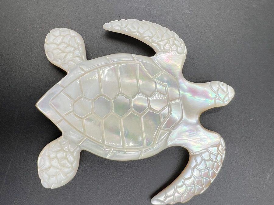 Antique Vintage Large Carved Mother of Pearl Brooch Turtle Shaped Brooch Pin