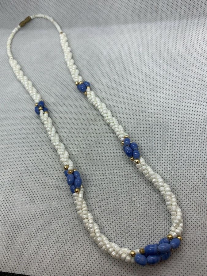 Antique Vintage Art Deco Czech Blue and Czech White Lustre Twisted Necklace Choker