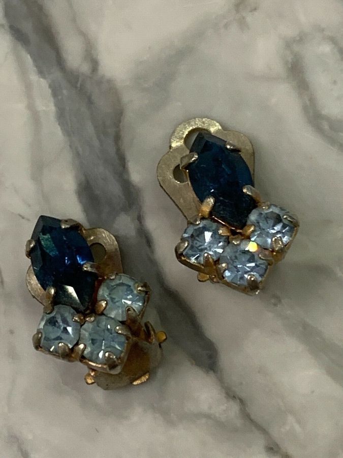 Antique Vintage Art Deco Czech Blue Diamante  Earrings