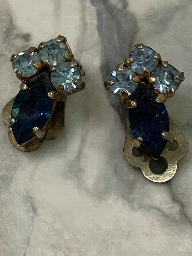 Antique Vintage Art Deco Czech Blue Diamante  Earrings