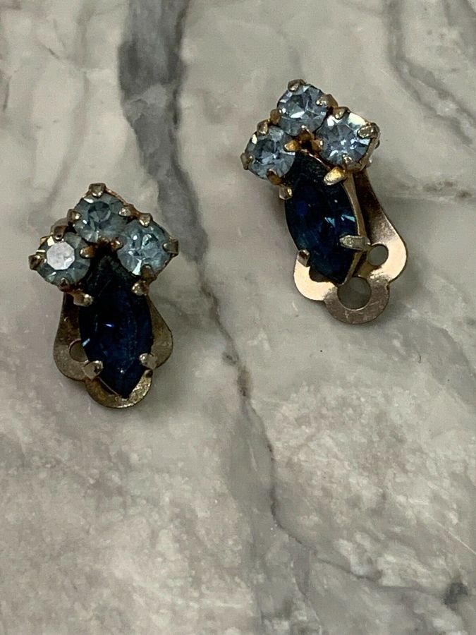 Antique Vintage Art Deco Czech Blue Diamante  Earrings