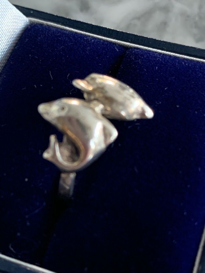 Antique Vintage Solid Silver Ring Size Q Tested Silver  intertwined Dolphins