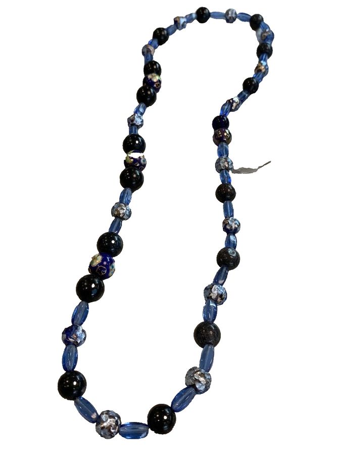 Antique Vintage Art Deco Czech Blue and Venetian Beaded Necklace