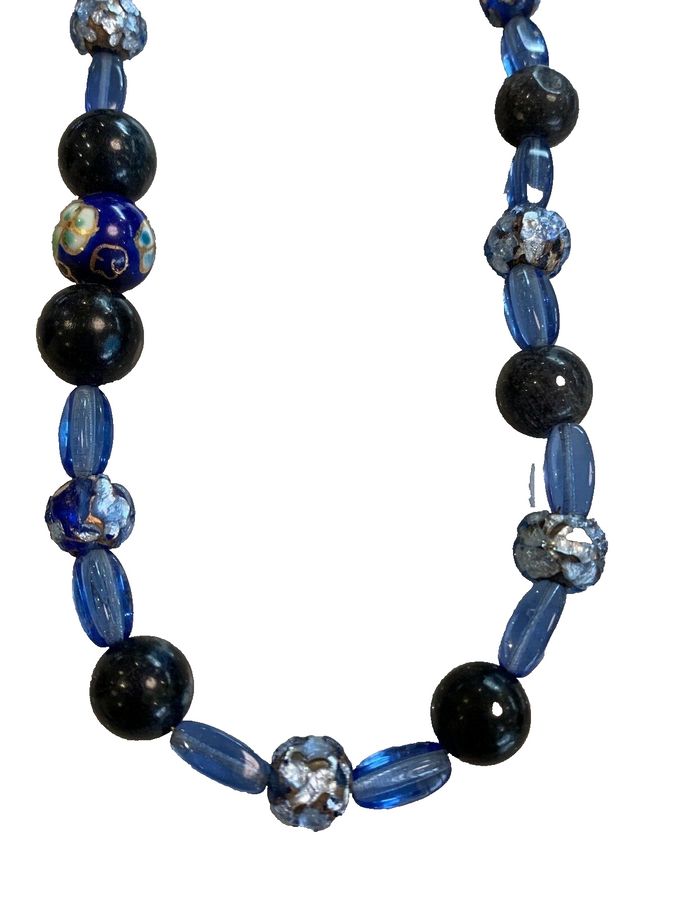 Antique Vintage Art Deco Czech Blue and Venetian Beaded Necklace