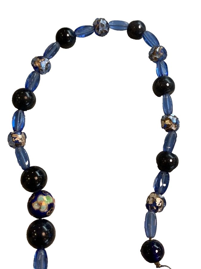 Antique Vintage Art Deco Czech Blue and Venetian Beaded Necklace