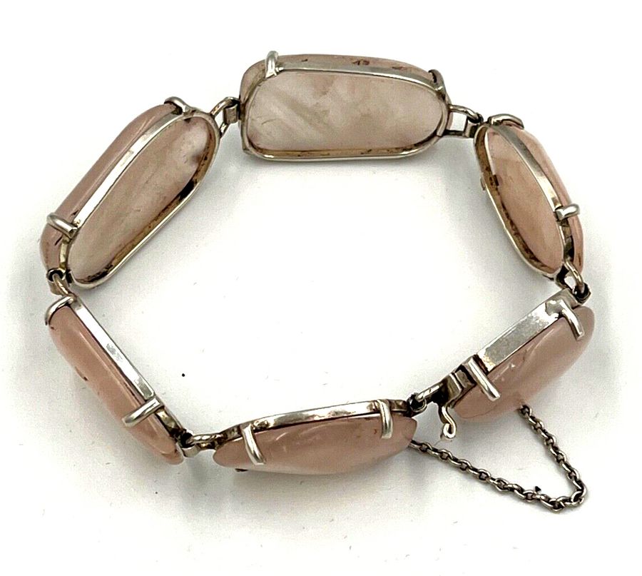 Antique A Good Vintage Solid Silver Large Natural Rose Quartz Bracelet & Safety Chain