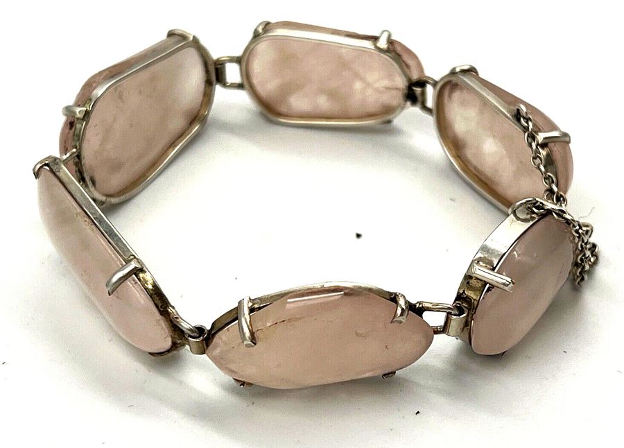 Antique A Good Vintage Solid Silver Large Natural Rose Quartz Bracelet & Safety Chain