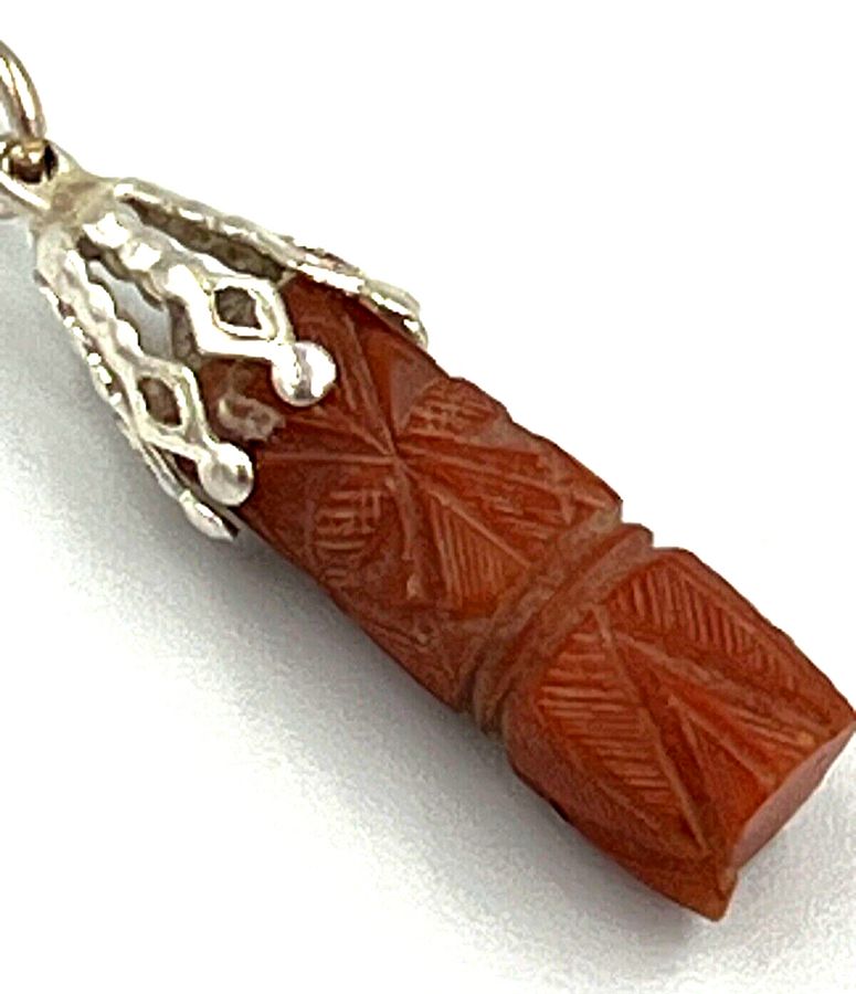 Antique Antique Hand Carved Coral Pendant Set in Silver on Hallmarked Silver Chain