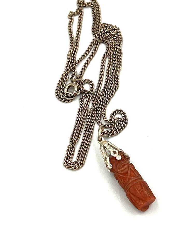 Antique Antique Hand Carved Coral Pendant Set in Silver on Hallmarked Silver Chain