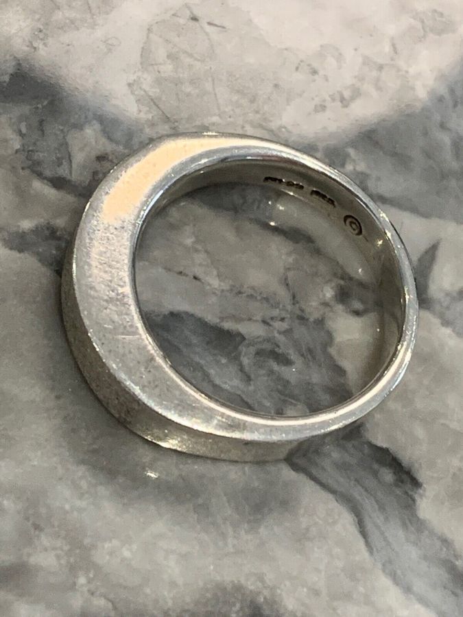 Antique Vintage Solid Silver Hallmarked Ring  Thick Brushed Silver Front Size O