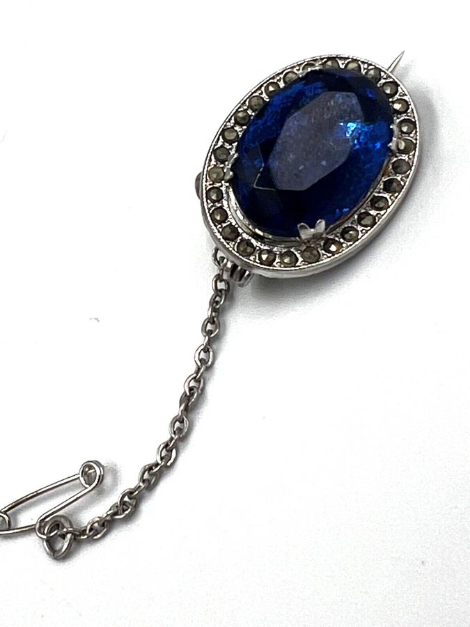 Antique Antique Art Deco Brooch Marcasite & Czech Blue Foiled Stone on Safety Chain