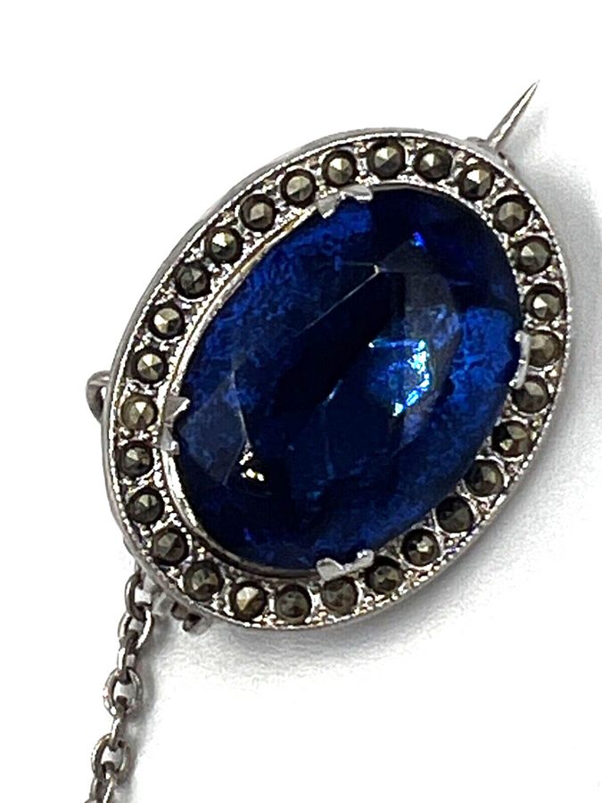 Antique Antique Art Deco Brooch Marcasite & Czech Blue Foiled Stone on Safety Chain