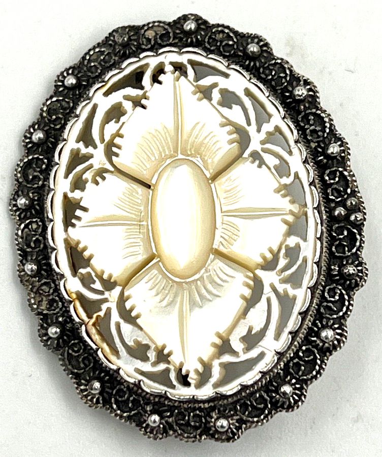 Antique Antique Victorian 935 Silver Brooch Superb Mother of Pearl Fine Carving Hallmark