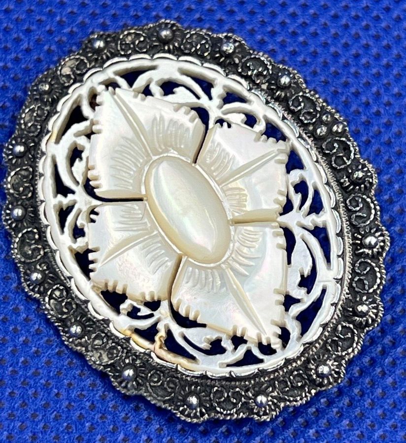 Antique Antique Victorian 935 Silver Brooch Superb Mother of Pearl Fine Carving Hallmark